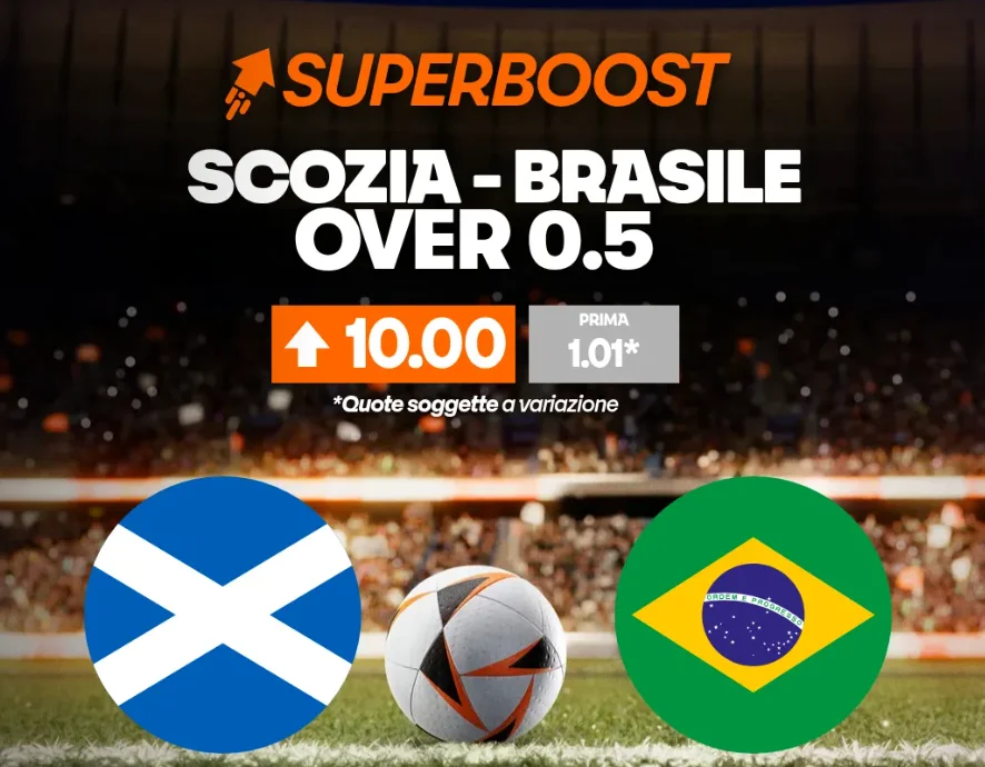 Scozia-Brasile over 0.5 a quota maggiorata 10 offerta da Betsson